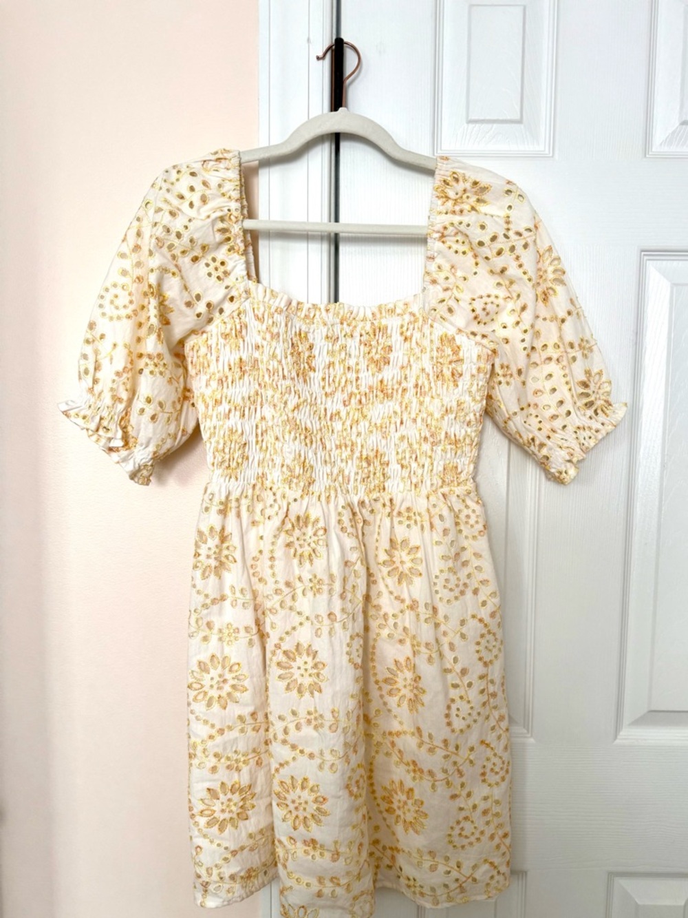 Greylin White Mini Dress with Yellow Eyelet Embroidery